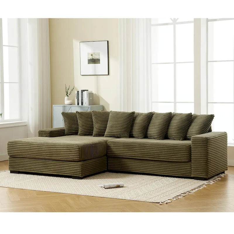 111 Narożna Sofa Sztruksowa w Kształcie Litery L z Lewostronnym Szezlongiem i 8 Poduszkami