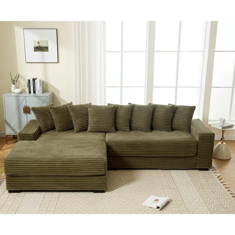 111 Narożna Sofa Sztruksowa w Kształcie Litery L z Lewostronnym Szezlongiem i 8 Poduszkami