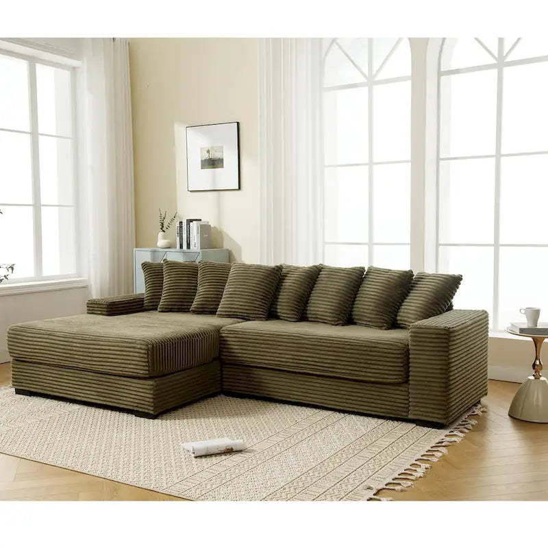 111 Narożna Sofa Sztruksowa w Kształcie Litery L z Lewostronnym Szezlongiem i 8 Poduszkami
