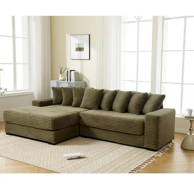 111 Narożna Sofa Sztruksowa w Kształcie Litery L z Lewostronnym Szezlongiem i 8 Poduszkami