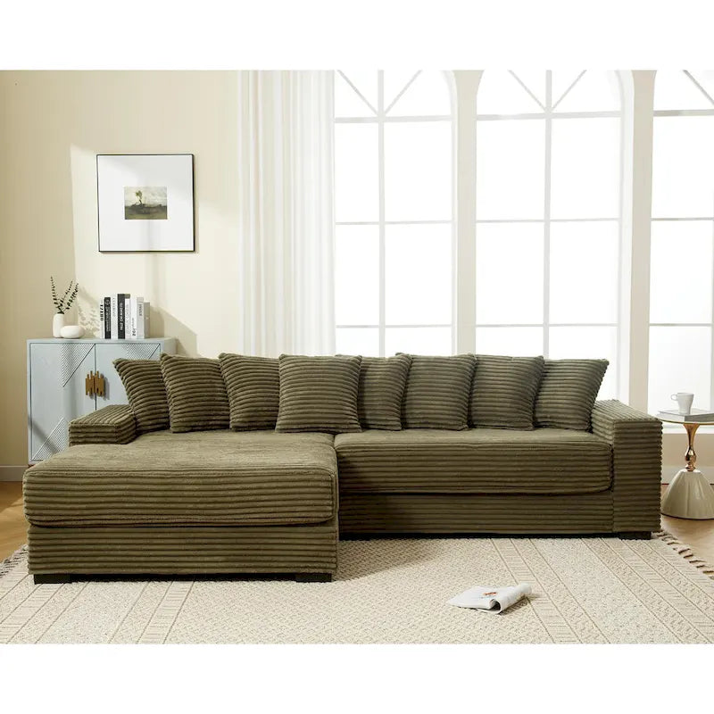 111 Narożna Sofa Sztruksowa w Kształcie Litery L z Lewostronnym Szezlongiem i 8 Poduszkami