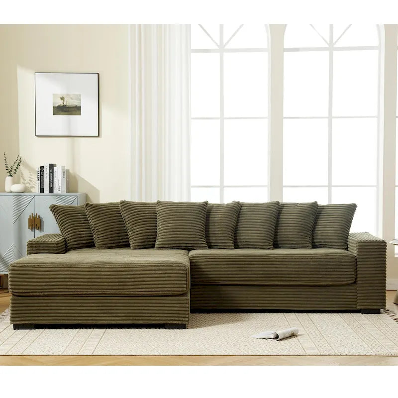 111 Narożna Sofa Sztruksowa w Kształcie Litery L z Lewostronnym Szezlongiem i 8 Poduszkami