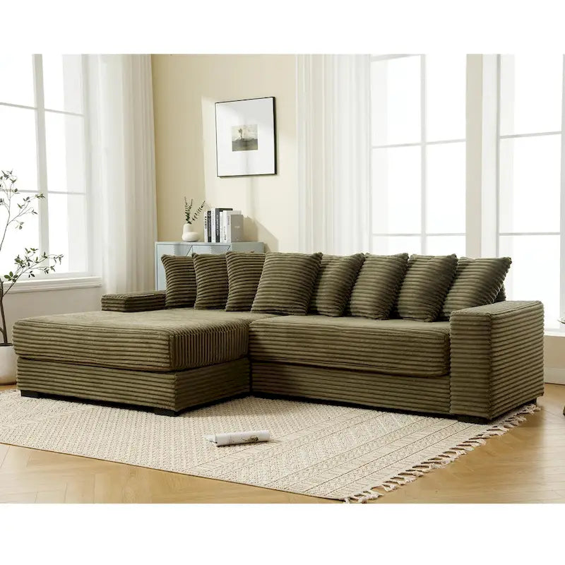 111 Narożna Sofa Sztruksowa w Kształcie Litery L z Lewostronnym Szezlongiem i 8 Poduszkami