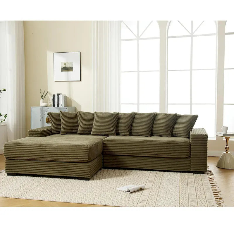 111 Narożna Sofa Sztruksowa w Kształcie Litery L z Lewostronnym Szezlongiem i 8 Poduszkami