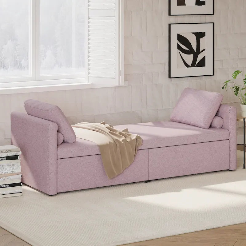 Chaise longue/méridienne rose moderne de 81,5 po en lin avec oreillers et 2 tiroirs pour salon