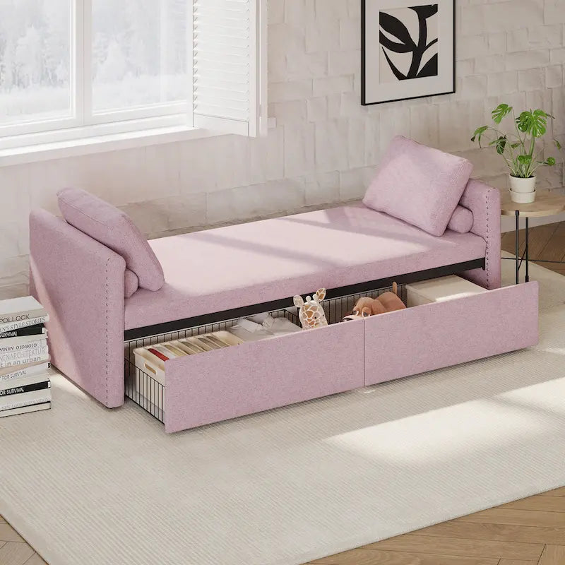 Chaise longue/méridienne rose moderne de 81,5 po en lin avec oreillers et 2 tiroirs pour salon