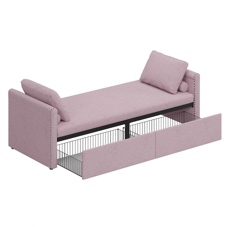 Chaise longue/méridienne rose moderne de 81,5 po en lin avec oreillers et 2 tiroirs pour salon