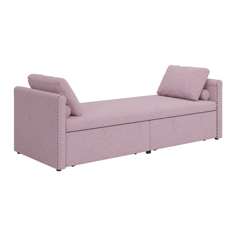 Chaise longue/méridienne rose moderne de 81,5 po en lin avec oreillers et 2 tiroirs pour salon