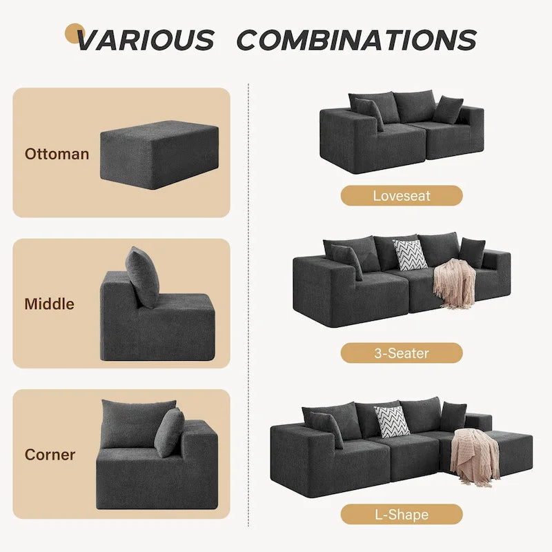 103-częściowa modułowa sofa z głębokimi siedzeniami, narożna sofa w kształcie chmury z szezlongiem, nie wymaga montażu
