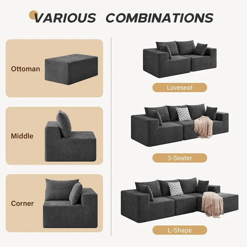 103-częściowa modułowa sofa z głębokimi siedzeniami, narożna sofa w kształcie chmury z szezlongiem, nie wymaga montażu