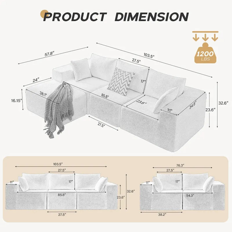 103-częściowa modułowa sofa z głębokimi siedzeniami, narożna sofa w kształcie chmury z szezlongiem, nie wymaga montażu