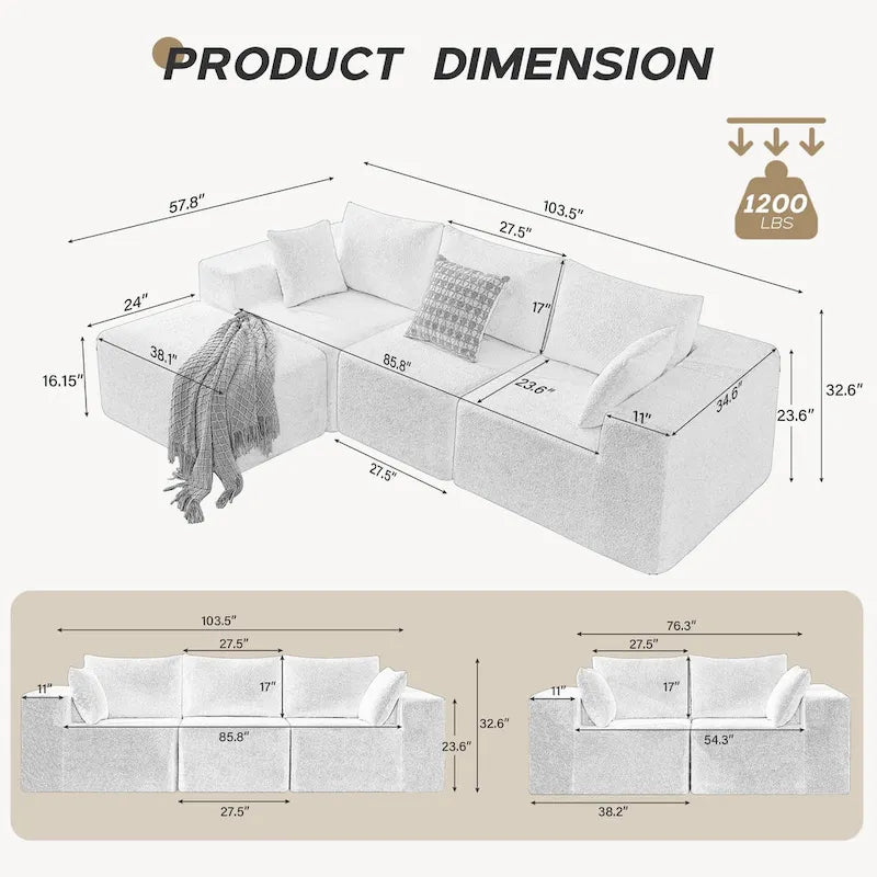 103-częściowa modułowa sofa z głębokimi siedzeniami, narożna sofa w kształcie chmury z szezlongiem, nie wymaga montażu