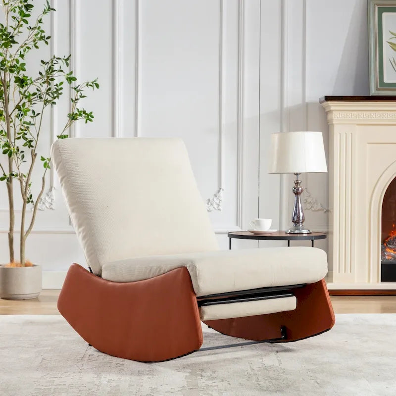Fauteuil à bascule inclinable moderne Orange+Beige en velours côtelé avec repose-pieds et pied en cuir PU pour salon, chambre à coucher