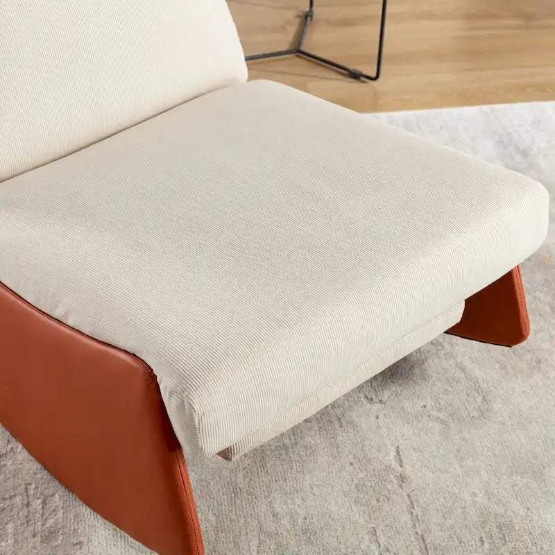 Fauteuil à bascule inclinable moderne Orange+Beige en velours côtelé avec repose-pieds et pied en cuir PU pour salon, chambre à coucher