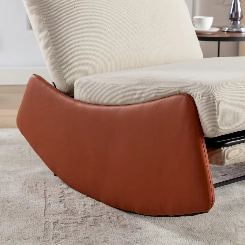 Fauteuil à bascule inclinable moderne Orange+Beige en velours côtelé avec repose-pieds et pied en cuir PU pour salon, chambre à coucher