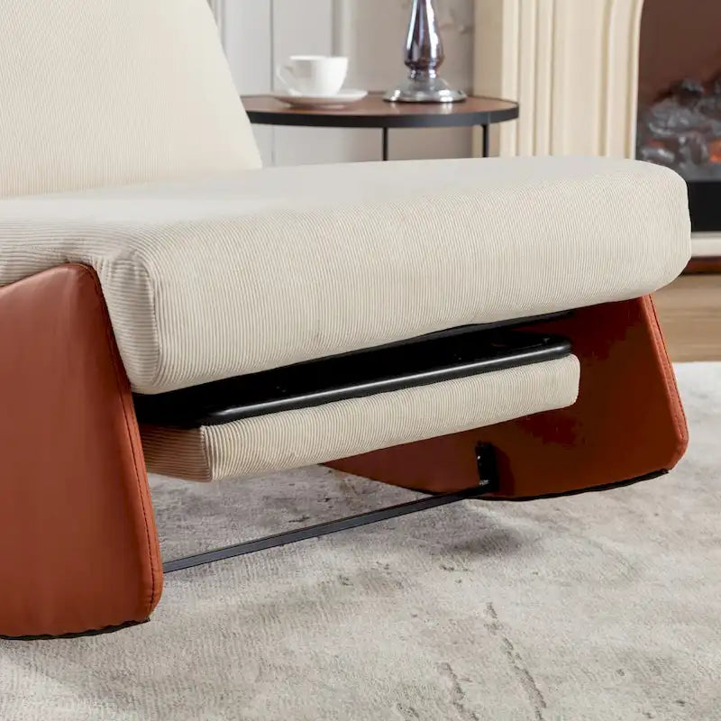 Fauteuil à bascule inclinable moderne Orange+Beige en velours côtelé avec repose-pieds et pied en cuir PU pour salon, chambre à coucher