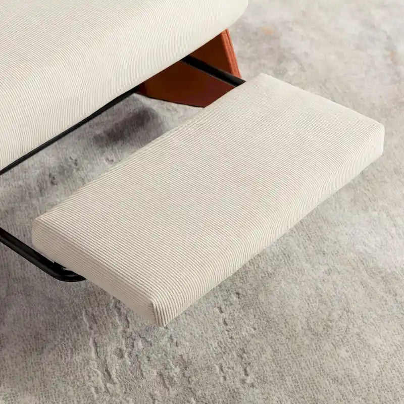 Fauteuil à bascule inclinable moderne Orange+Beige en velours côtelé avec repose-pieds et pied en cuir PU pour salon, chambre à coucher