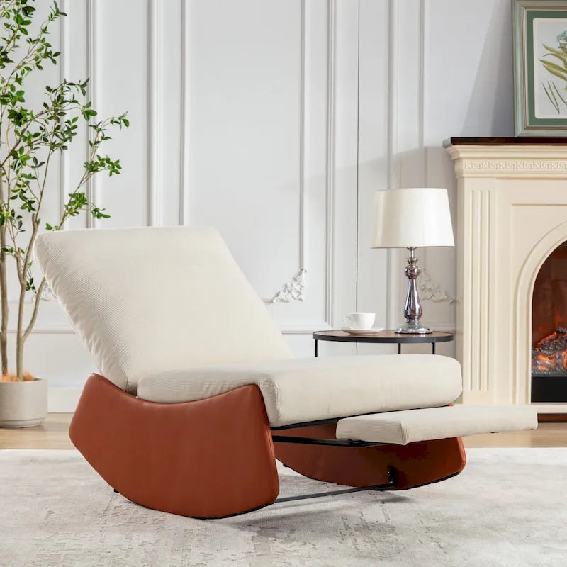 Fauteuil à bascule inclinable moderne Orange+Beige en velours côtelé avec repose-pieds et pied en cuir PU pour salon, chambre à coucher