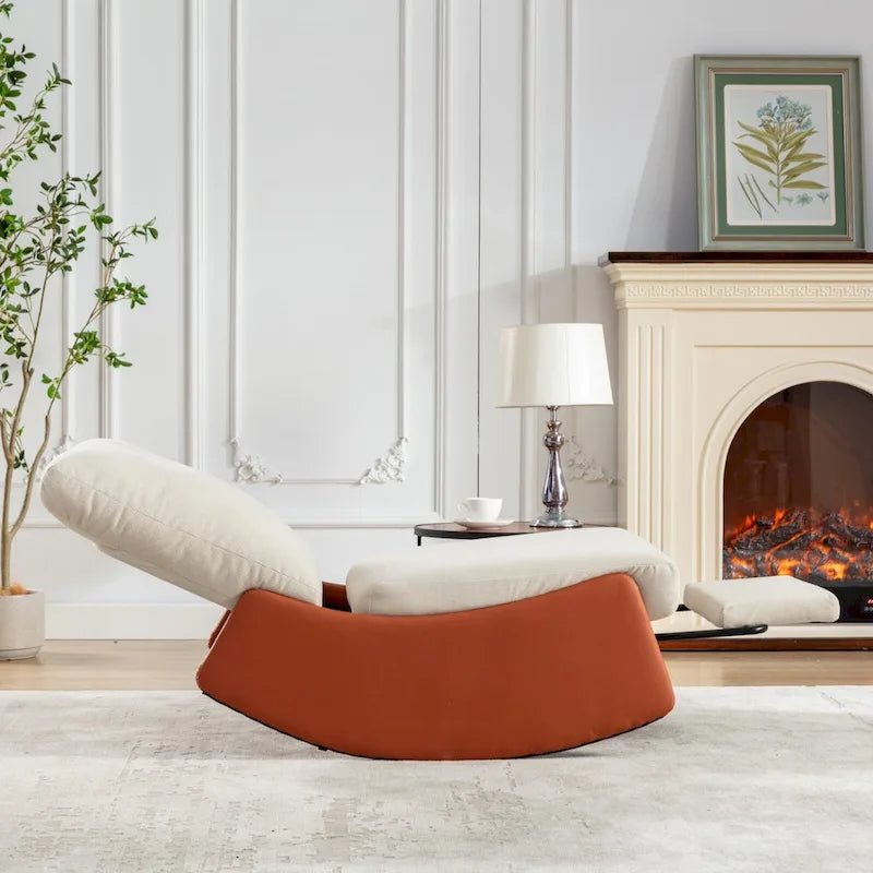 Fauteuil à bascule inclinable moderne Orange+Beige en velours côtelé avec repose-pieds et pied en cuir PU pour salon, chambre à coucher