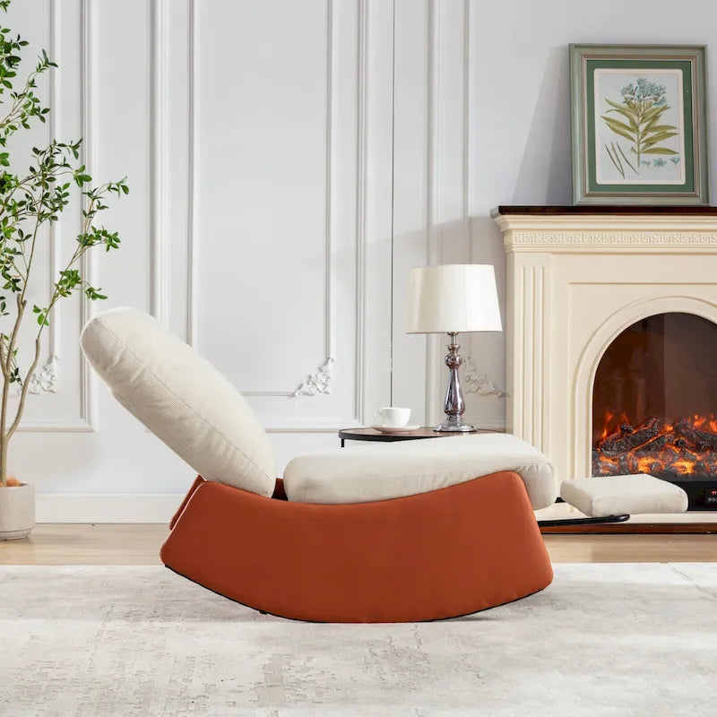 Fauteuil à bascule inclinable moderne Orange+Beige en velours côtelé avec repose-pieds et pied en cuir PU pour salon, chambre à coucher