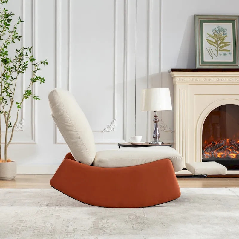 Fauteuil à bascule inclinable moderne Orange+Beige en velours côtelé avec repose-pieds et pied en cuir PU pour salon, chambre à coucher