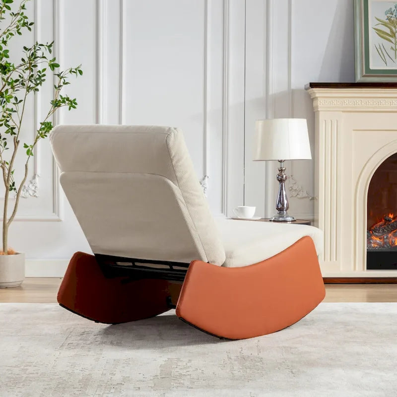 Fauteuil à bascule inclinable moderne Orange+Beige en velours côtelé avec repose-pieds et pied en cuir PU pour salon, chambre à coucher