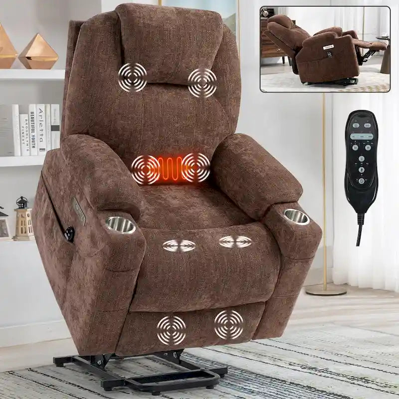 Fauteuil inclinable releveur bleu avec massage 8 points, chauffage lombaire, deux ports USB et porte-gobelets en acier inoxydable