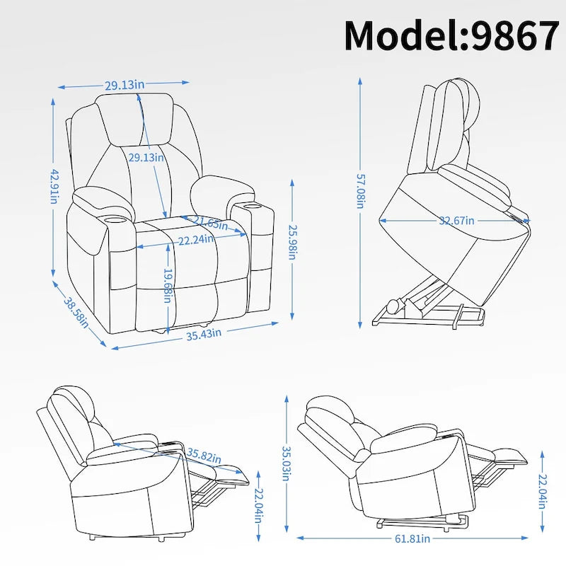 Fauteuil inclinable releveur bleu avec massage 8 points, chauffage lombaire, deux ports USB et porte-gobelets en acier inoxydable