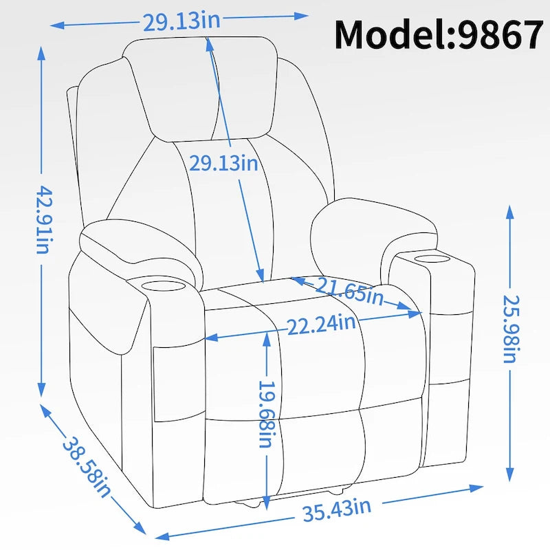Fauteuil inclinable releveur bleu avec massage 8 points, chauffage lombaire, deux ports USB et porte-gobelets en acier inoxydable