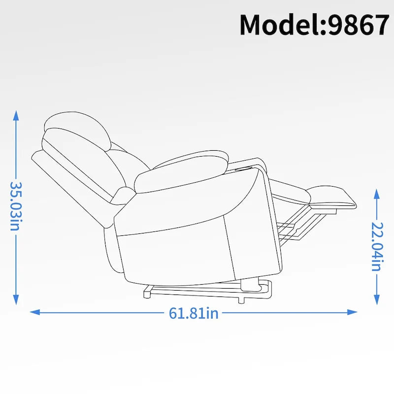 Fauteuil inclinable releveur bleu avec massage 8 points, chauffage lombaire, deux ports USB et porte-gobelets en acier inoxydable
