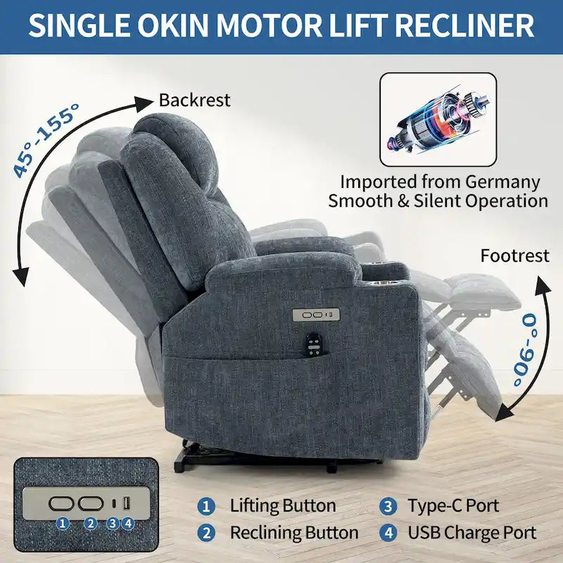 Fauteuil inclinable releveur bleu avec massage 8 points, chauffage lombaire, deux ports USB et porte-gobelets en acier inoxydable