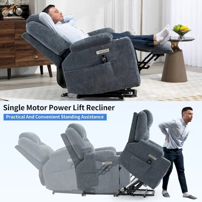 Fauteuil inclinable releveur bleu avec massage 8 points, chauffage lombaire, deux ports USB et porte-gobelets en acier inoxydable