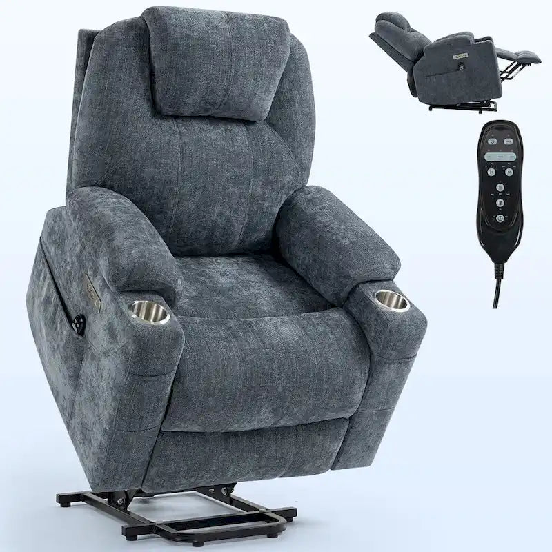 Fauteuil inclinable releveur bleu avec massage 8 points, chauffage lombaire, deux ports USB et porte-gobelets en acier inoxydable
