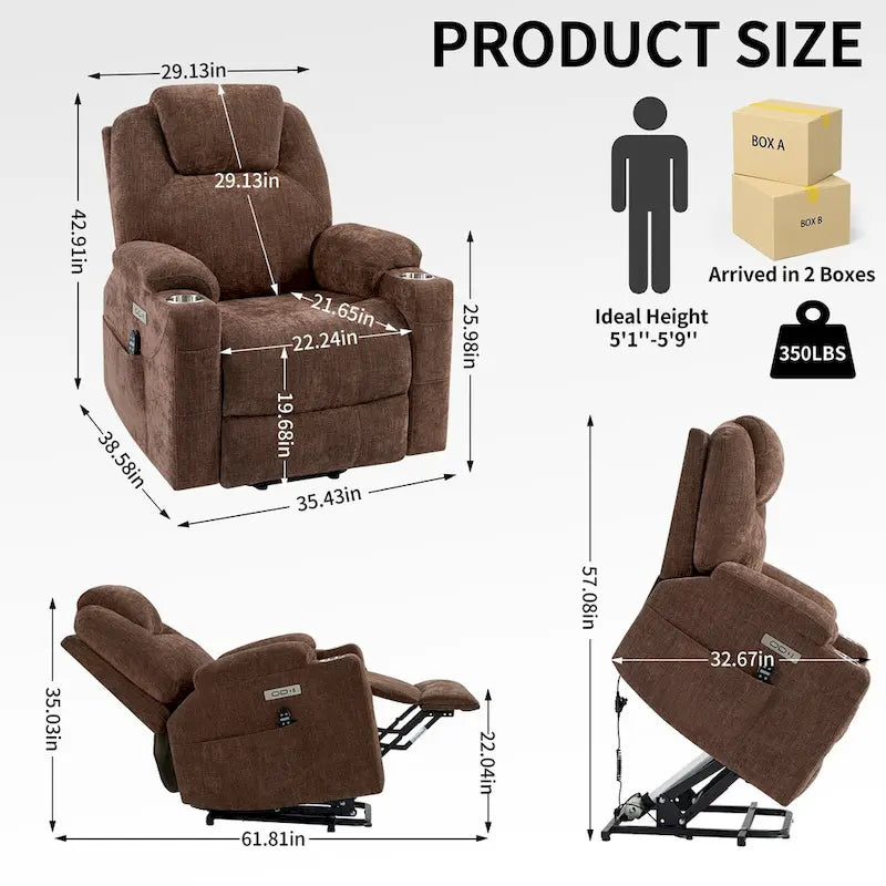 Fauteuil inclinable releveur bleu avec massage 8 points, chauffage lombaire, deux ports USB et porte-gobelets en acier inoxydable