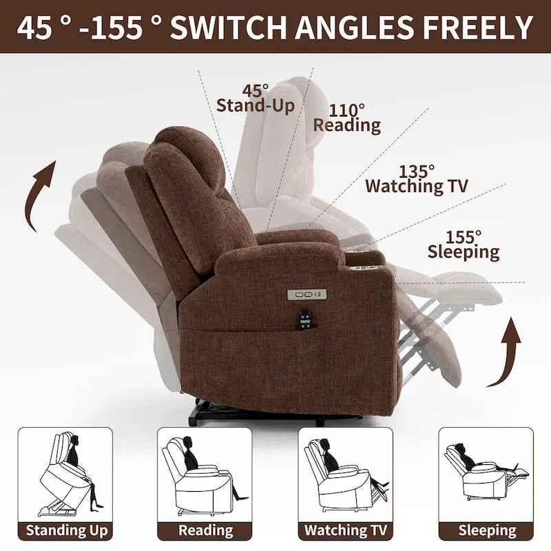 Fauteuil inclinable releveur bleu avec massage 8 points, chauffage lombaire, deux ports USB et porte-gobelets en acier inoxydable