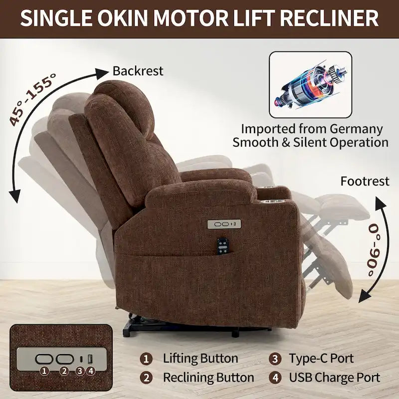 Fauteuil inclinable releveur bleu avec massage 8 points, chauffage lombaire, deux ports USB et porte-gobelets en acier inoxydable