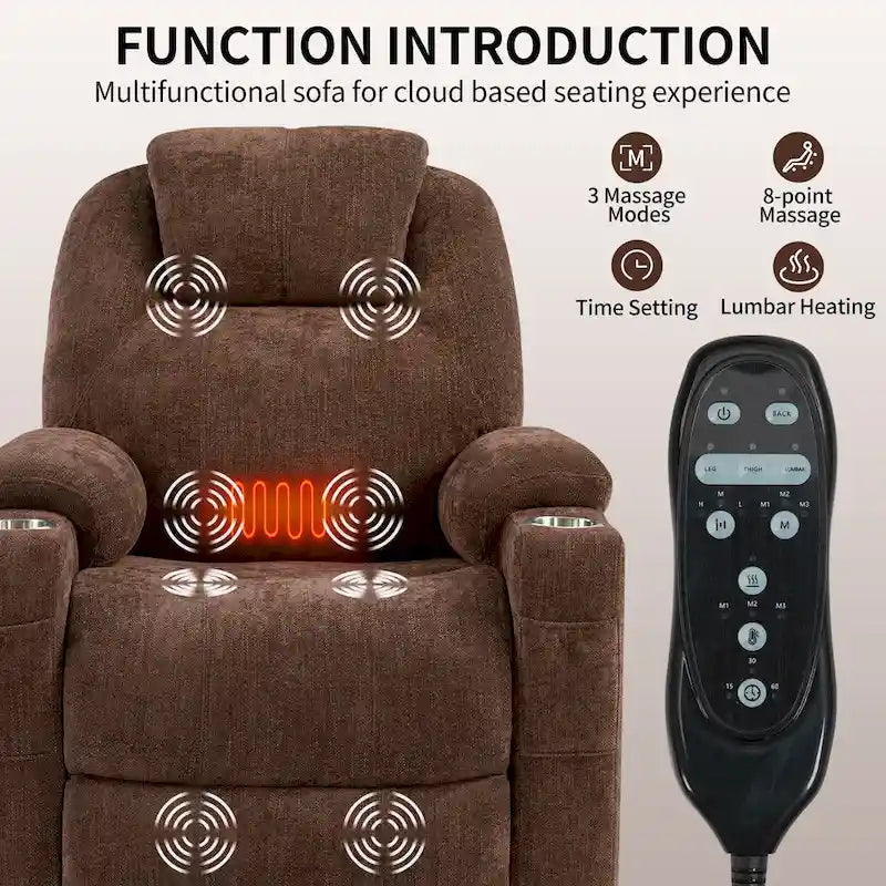 Fauteuil inclinable releveur bleu avec massage 8 points, chauffage lombaire, deux ports USB et porte-gobelets en acier inoxydable