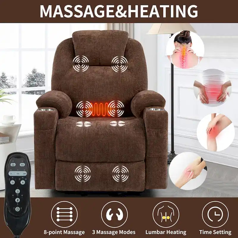 Fauteuil inclinable releveur bleu avec massage 8 points, chauffage lombaire, deux ports USB et porte-gobelets en acier inoxydable