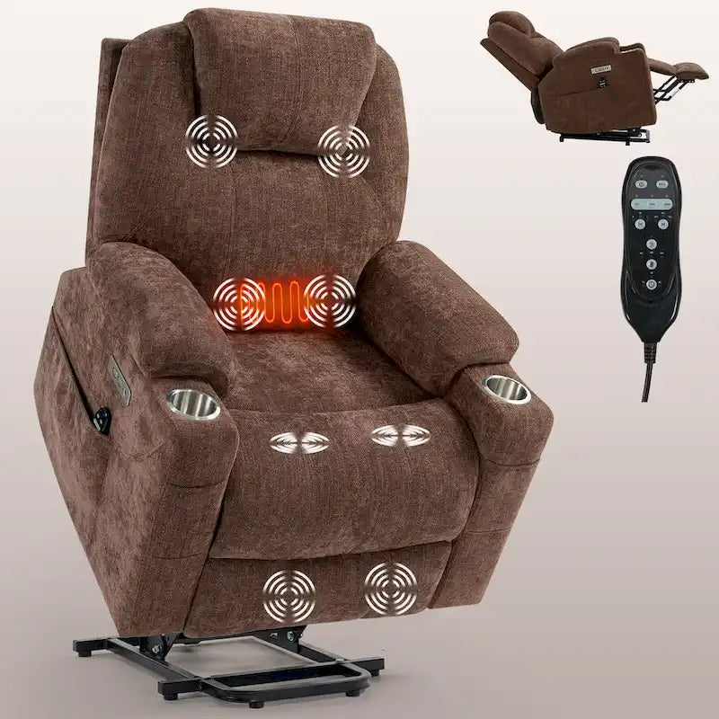 Fauteuil inclinable releveur bleu avec massage 8 points, chauffage lombaire, deux ports USB et porte-gobelets en acier inoxydable