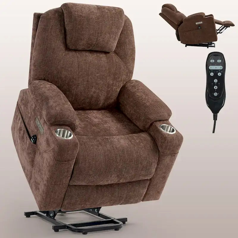 Fauteuil inclinable releveur bleu avec massage 8 points, chauffage lombaire, deux ports USB et porte-gobelets en acier inoxydable
