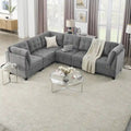 Szara sofa narożna 116-osobowa z 6 miejscami siedzącymi, krzesłami i schowkiem