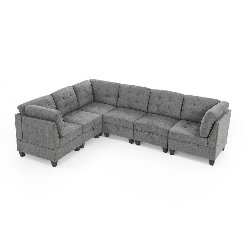 Szara sofa narożna 116-osobowa z 6 miejscami siedzącymi, krzesłami i schowkiem