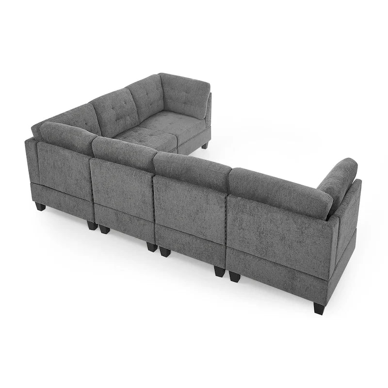 Szara sofa narożna 116-osobowa z 6 miejscami siedzącymi, krzesłami i schowkiem