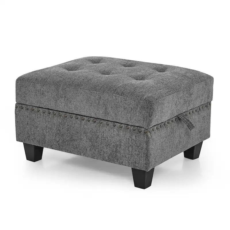 Szara sofa narożna 116-osobowa z 6 miejscami siedzącymi, krzesłami i schowkiem