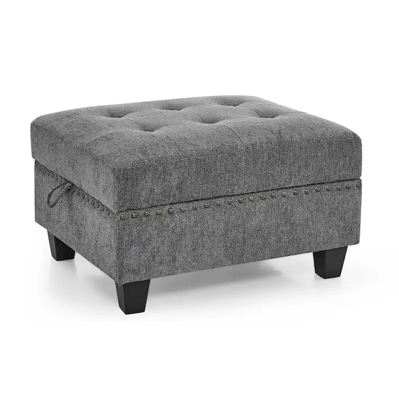 Szara sofa narożna 116-osobowa z 6 miejscami siedzącymi, krzesłami i schowkiem