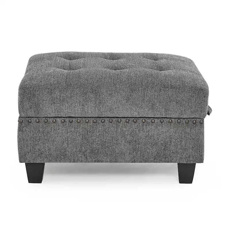 Szara sofa narożna 116-osobowa z 6 miejscami siedzącymi, krzesłami i schowkiem