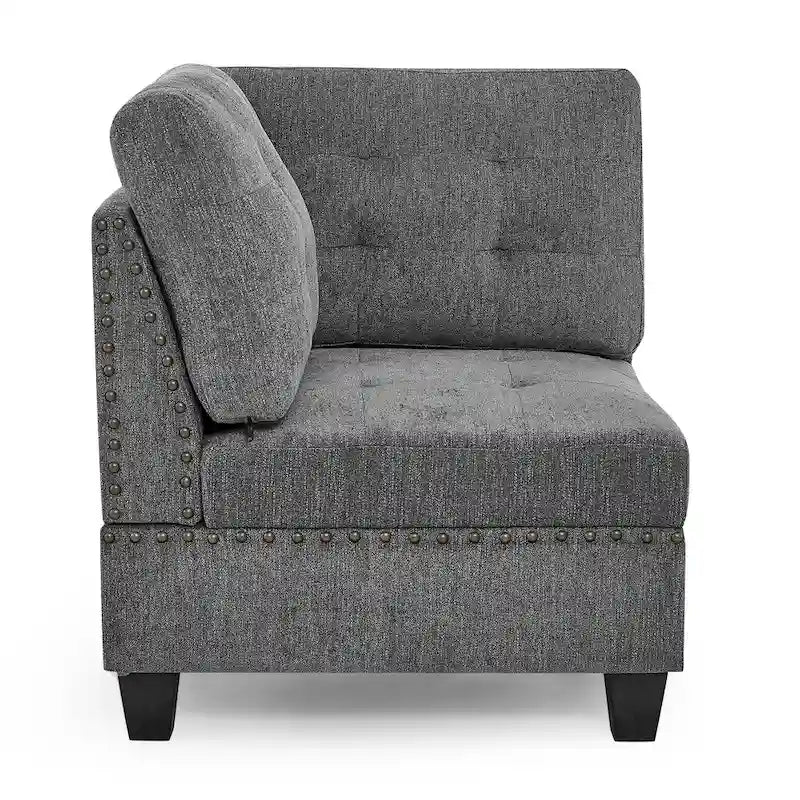 Szara sofa narożna 116-osobowa z 6 miejscami siedzącymi, krzesłami i schowkiem
