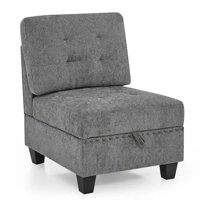 Szara sofa narożna 116-osobowa z 6 miejscami siedzącymi, krzesłami i schowkiem