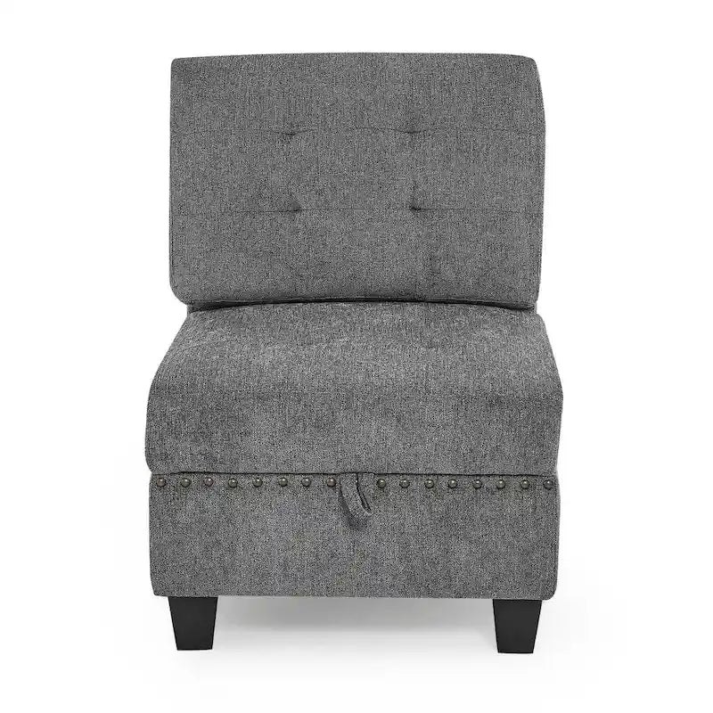 Szara sofa narożna 116-osobowa z 6 miejscami siedzącymi, krzesłami i schowkiem