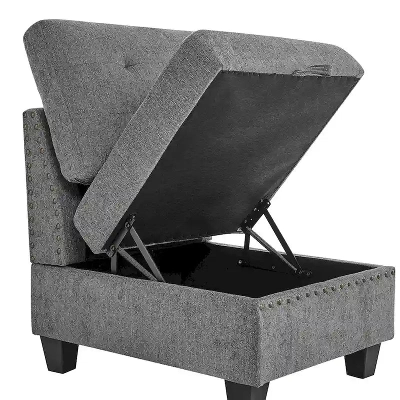 Szara sofa narożna 116-osobowa z 6 miejscami siedzącymi, krzesłami i schowkiem